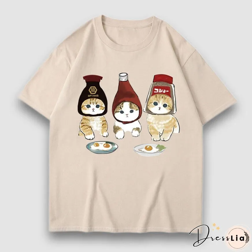Three Cat Cartoon Print Tee