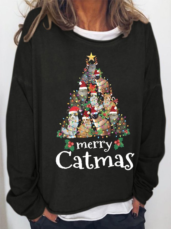 Women's Merry Christmas Cat Funny Graphic Print Casual Crew Neck Sweatshirts