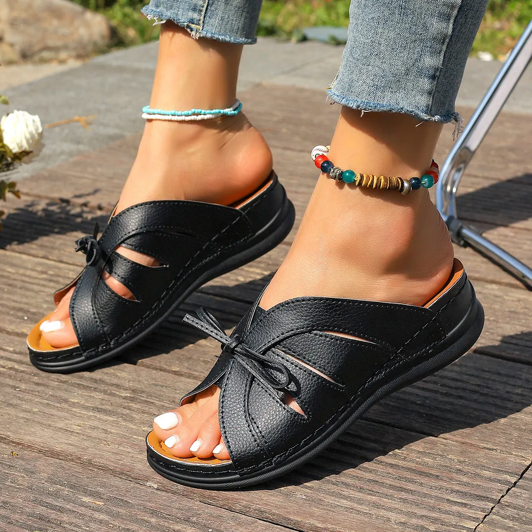 Yyvonne Bow Flat Bottom Slope And Slippers 2025 New Solid Color Rocking Line Hollow Fish Mouth Slippers