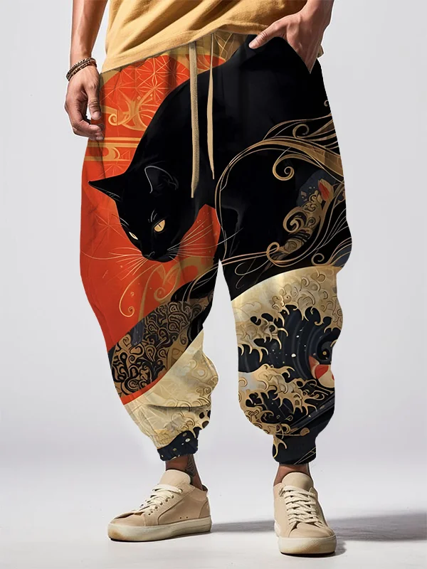Men's Sea Wave And Black Cat Japan Art Print Loose Drawstring Waist Sweatpants