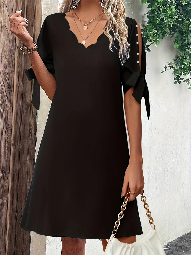 Beaded V Neck Dress, Elegant Split Sleeve Scallop Trim Dress Women's Clothing