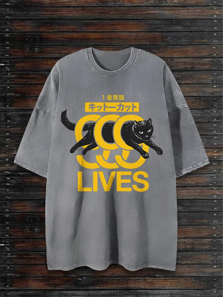 Men's Japanese Black Cat Lives Print Cotton Washed T-Shirt