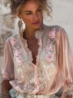 Vintage Pink Roses Lace Embroidered Flowy Linen Blouse