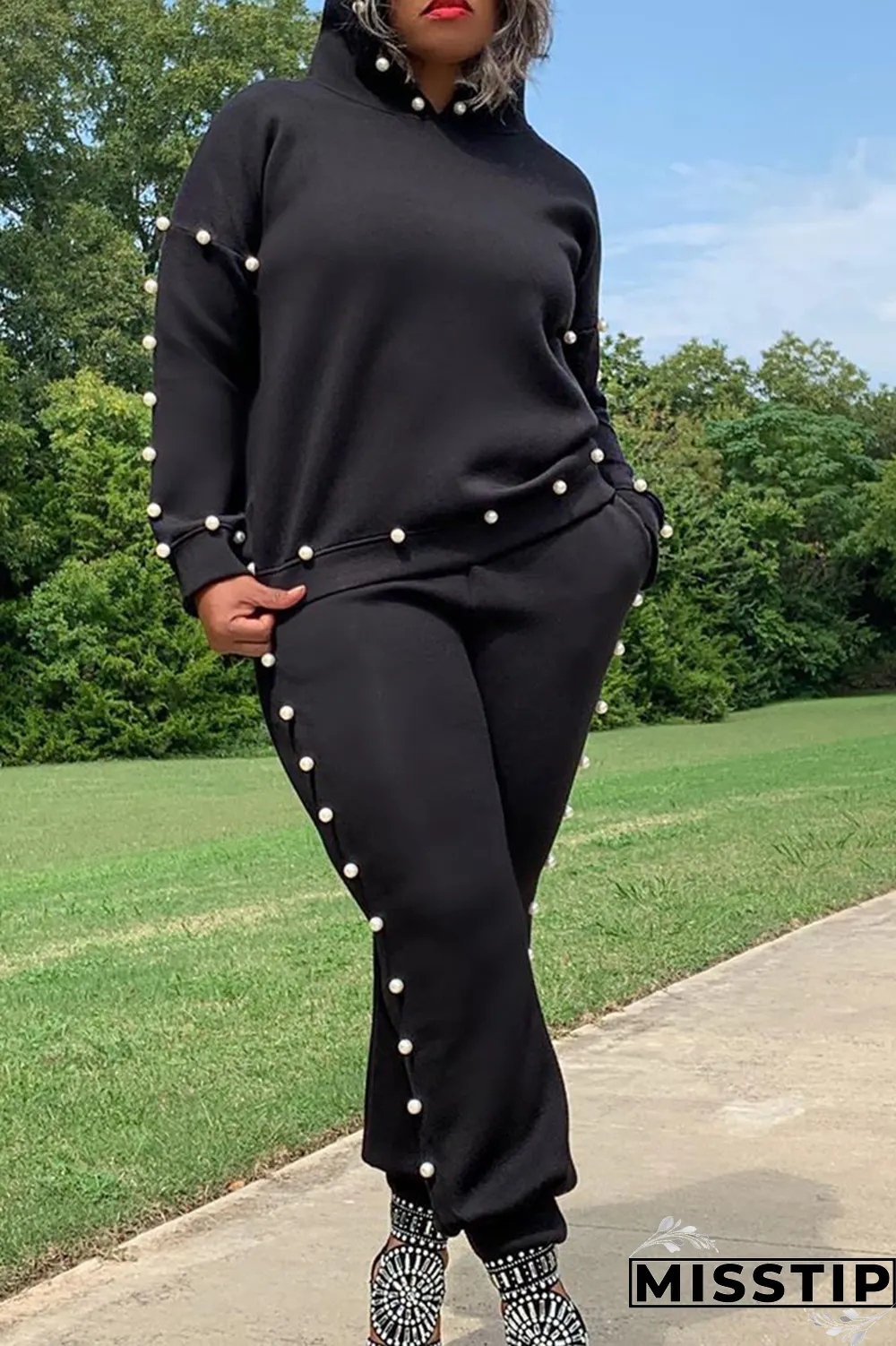 Grey Casual Solid Pearl Hooded Collar Long Sleeve Two Pieces