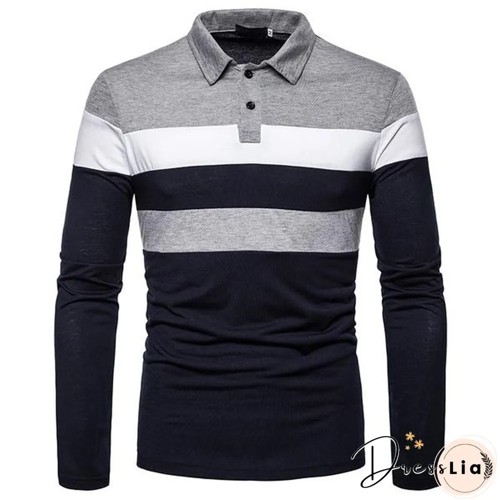 Fashion Men Lapel Long Sleeve Tri-color Striped Stitching Shirts