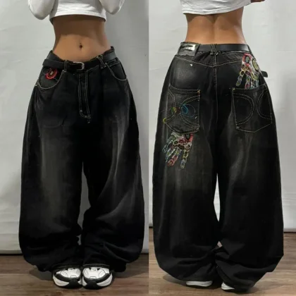 Hyhis Harajuku  Street Handprint Embroidery Fashion Baggy Jeans Women Casual Wide Leg Pants High Waisted Y2K Long Pants Women's Jeans