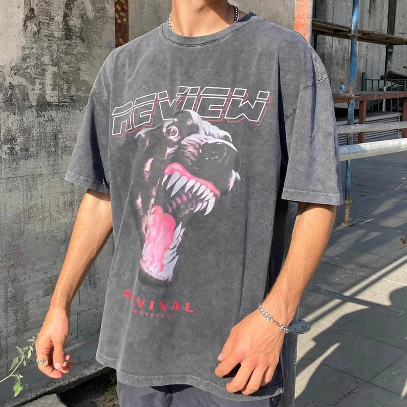 Men Review Wolfhound Print Short Sleeve T-shirt