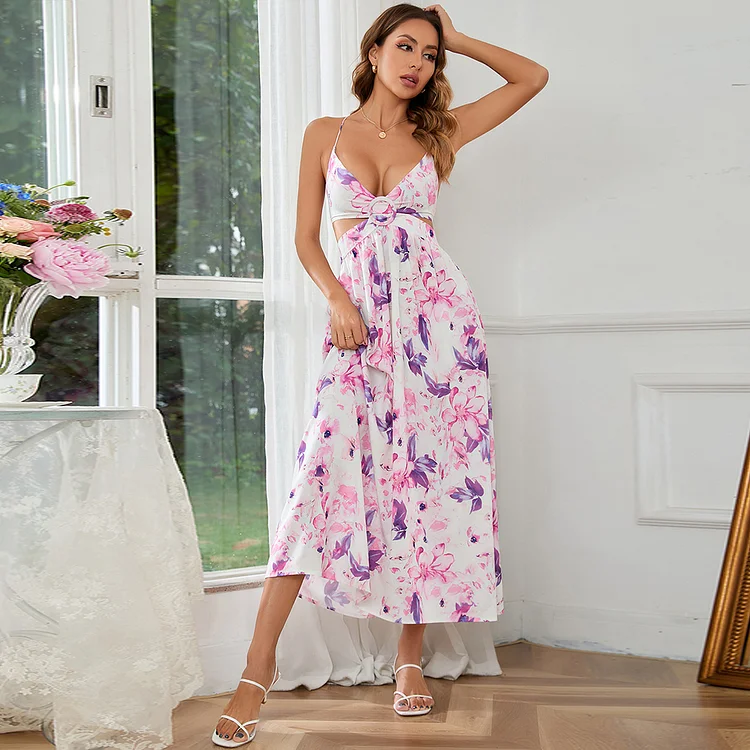 Sling Floral Sleeveless Open Back Print Vacation Dresses