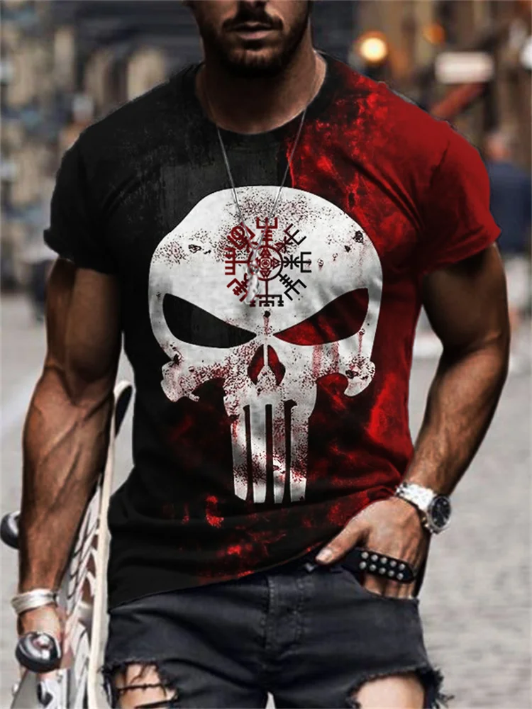 BrosWear Men's Viking Vegvisir Skull Bleeding Contrast Art T Shirt
