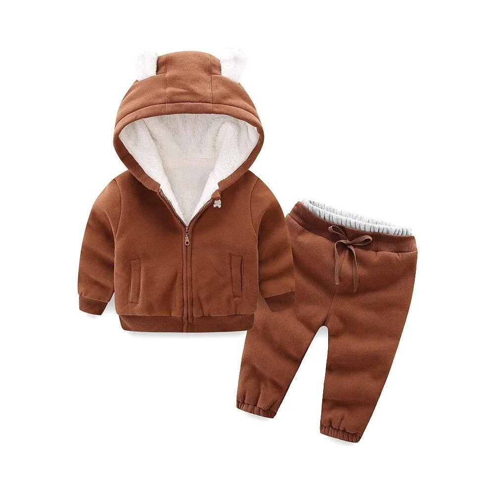 Autumn and winter boys and girls clothes set children plus fleece suit casual warm thick cartoon bear clothing sportswear
