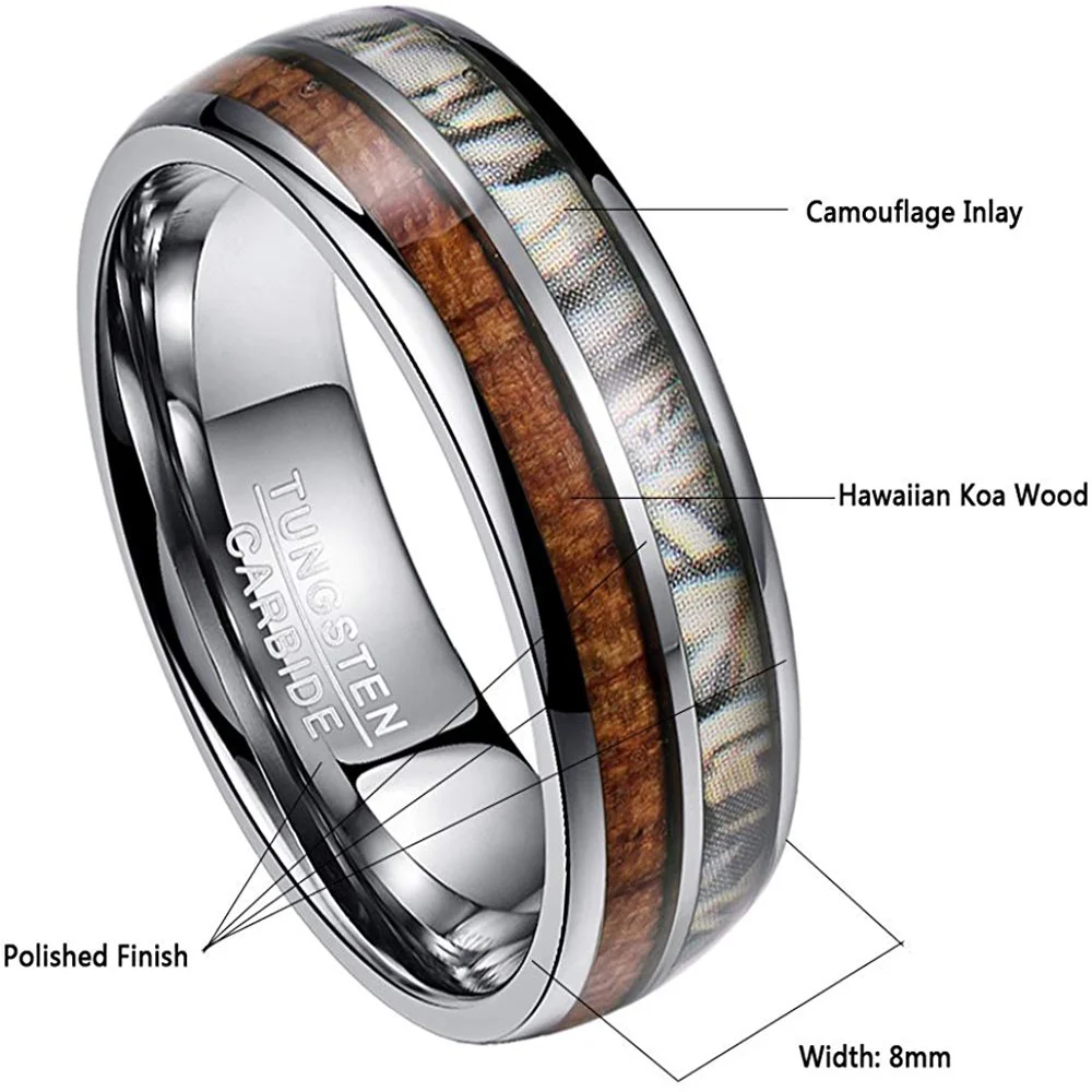 6MM 8MM Mens Women Wood and Camo Inlay Tungsten Matching Wedding Couple Engagement Bands Comfort Fit