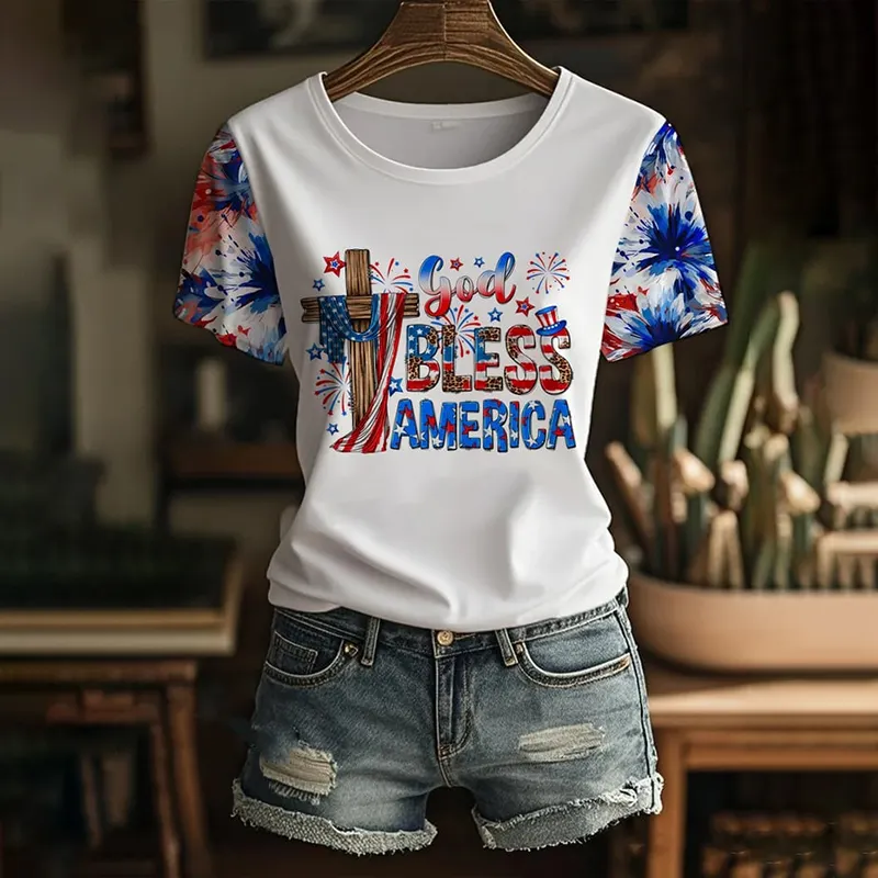 Women's Independence Day "god Bless America" ​​design Print Crew Neck Casual T-shirt elevenforest