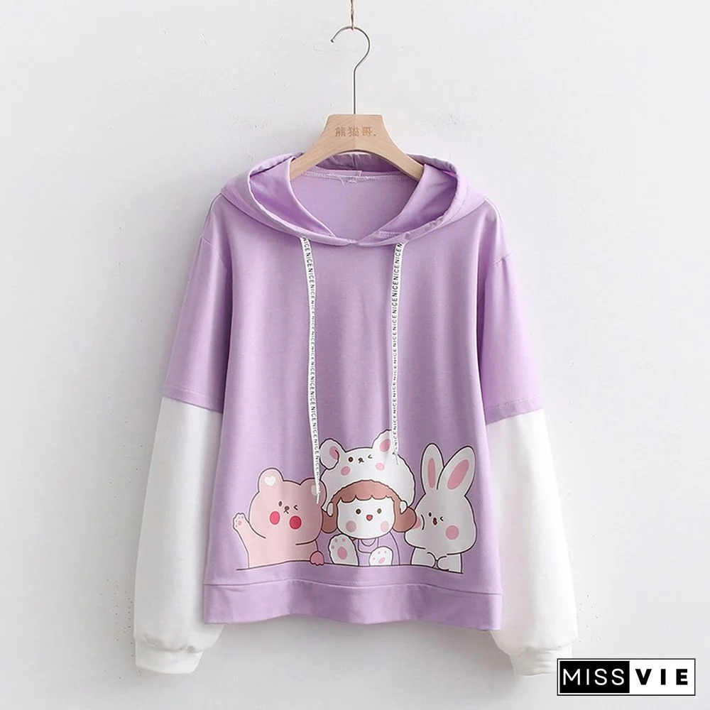 Colorblock Cartoon Rabbit Print Hoodie