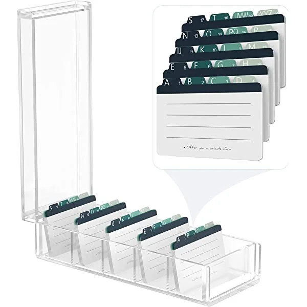 MaxGear® Business Card Holder Acrylic2.2 x 3.5 inches Desktop File Note Card Holders5 Divider Boards for 600 Cards, A-Z Tabs Acrylic Business Cards Organizer Box