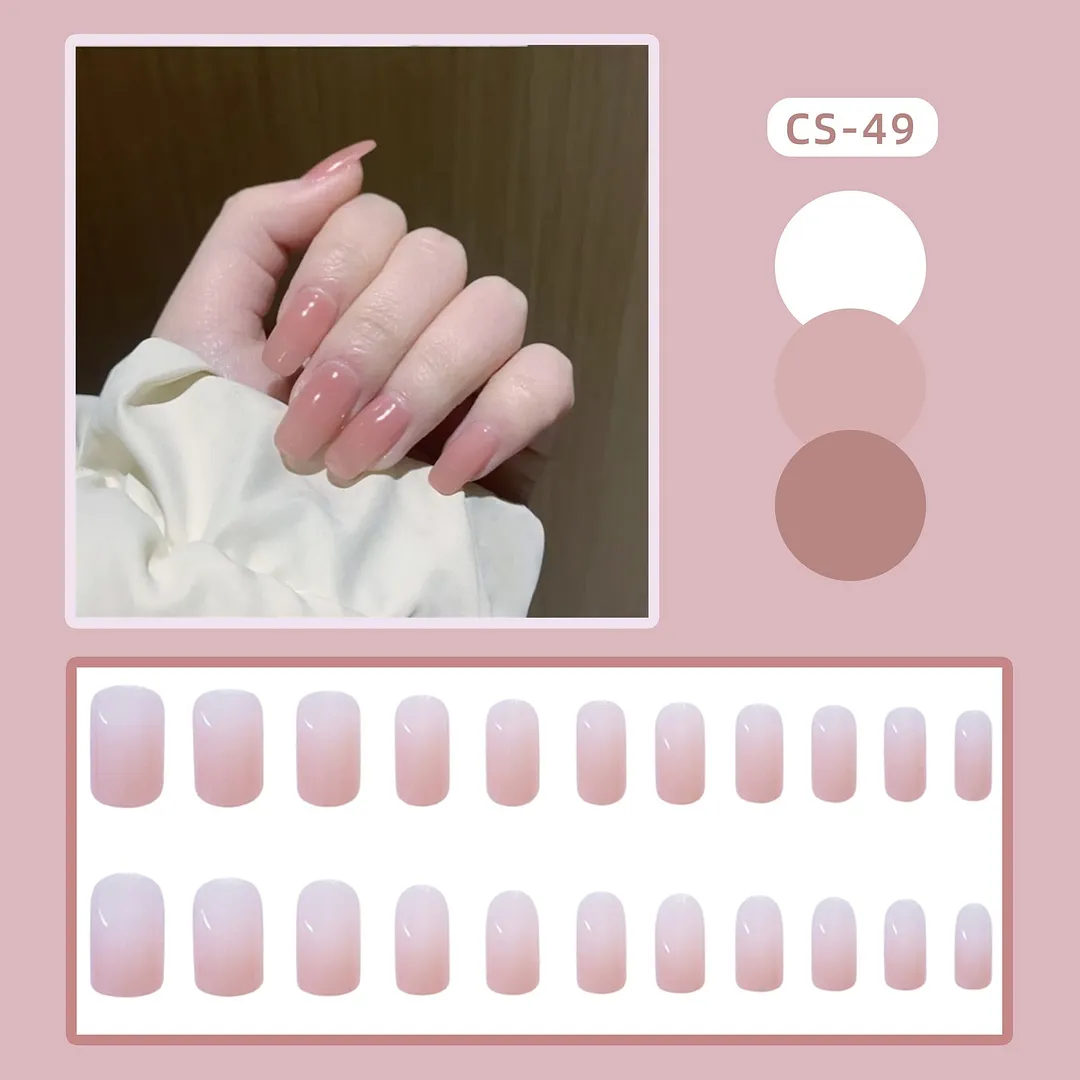 Girls Candy Pink Color False Nails Women Nature Nude Jelly Fake Nail Short Round Head Full Cover Nail Art Tips With Glue 24pcs-Nail Inspo