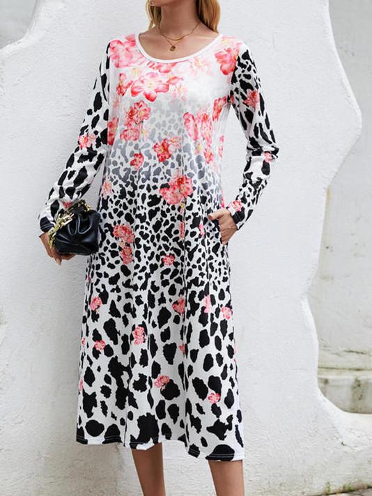 Women Long Sleeve Scoop Neck Animal Print Graphic Dress