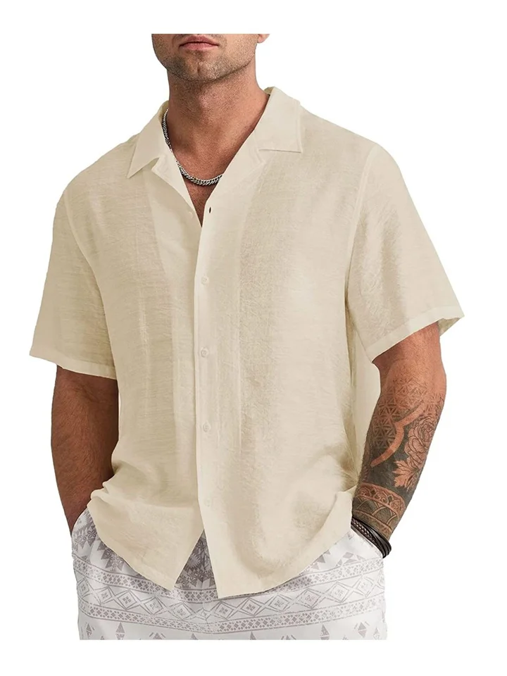 Men's Cotton Linen Shirt Casual Solid Color Short Sleeve Apricot Black White