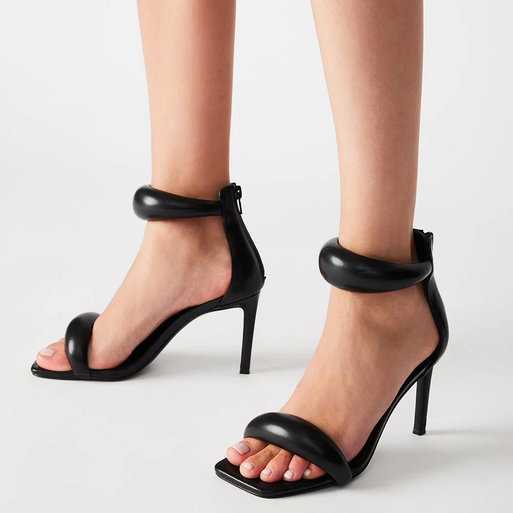 Black Opened Square Toe Padded Ankle Strappy Back-Zip Sandals With Stiletto Heels Nicepairs