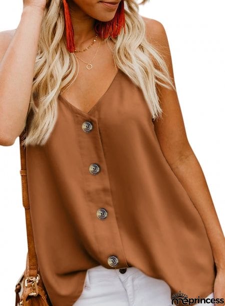Orange Spaghetti Strap Buttoned Tank Top