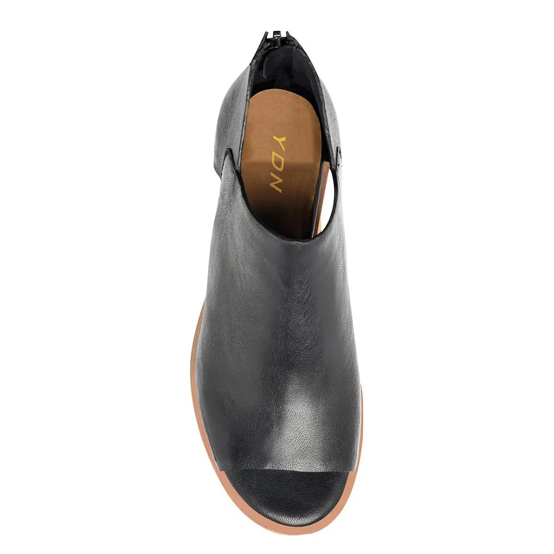 Vegan Leather Cut-Out Inlay Back-Zip Block Heel Ankle Boots in Black