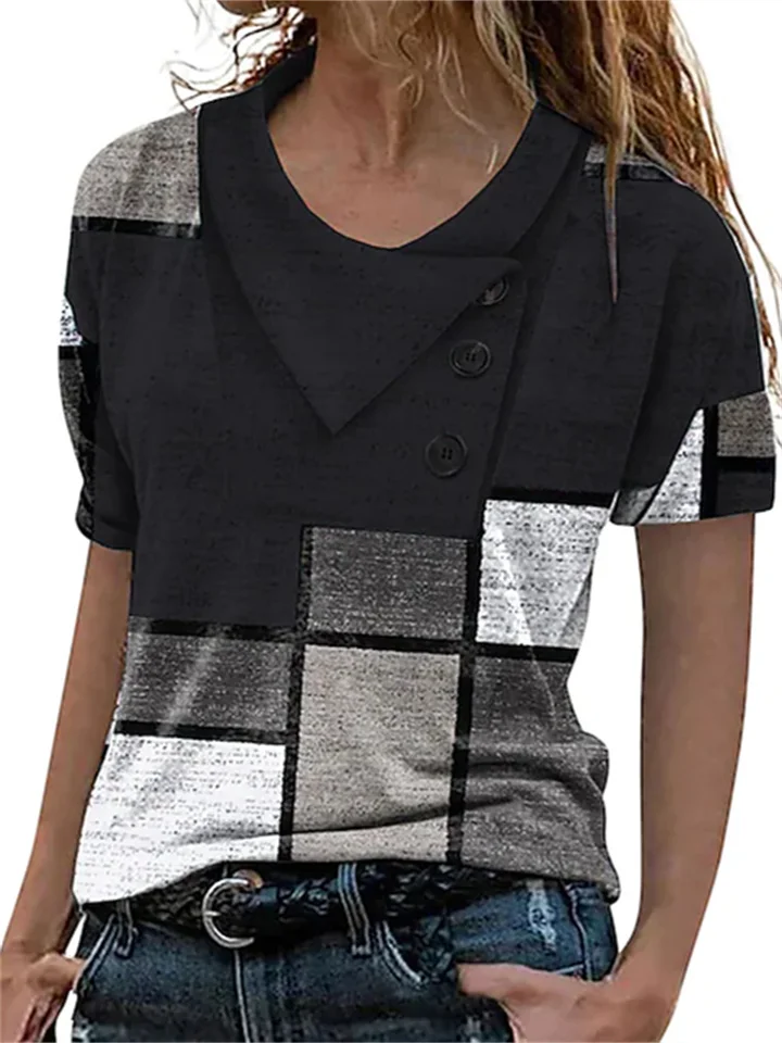 Women's T shirt Tee Geometric Color Block Casual Weekend Geometric T shirt Tee Short Sleeve Button Print Pile Neck Green Black Blue S / 3D Print-Mixcun