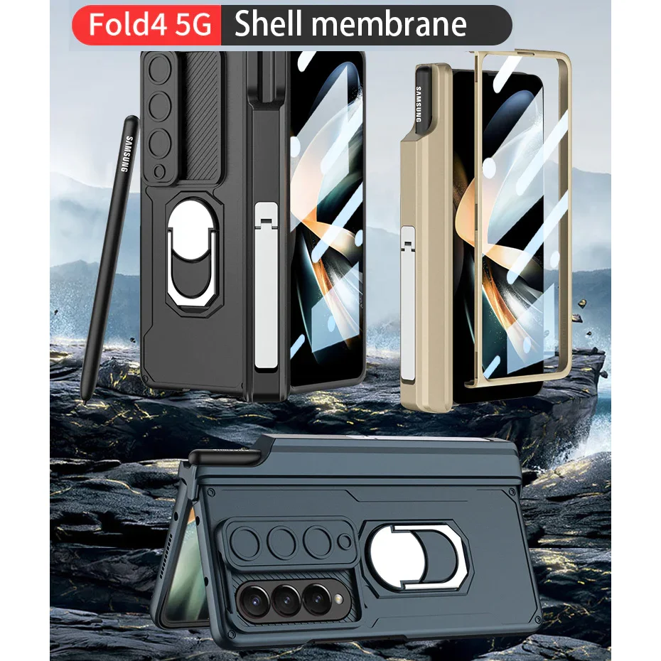 Applicable To Samsung Z Fold 3/4/5Slide Rail Lens Cover Push Window 2-In-1 Ring Holder Folding Phone Case