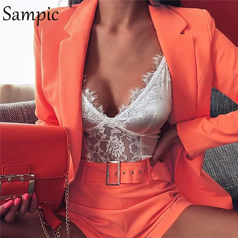 Sampic Casual Blazer Pant Suits Long Sleeve Women Two Piece Set White Pink Yellow Summer Autumn 2 Piece Shorts Set