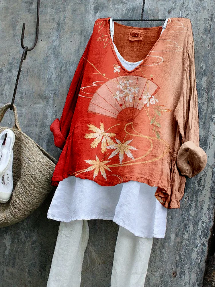 Comstylish Maple Leaf & Flowers Japanese Art Linen Blend Tunic