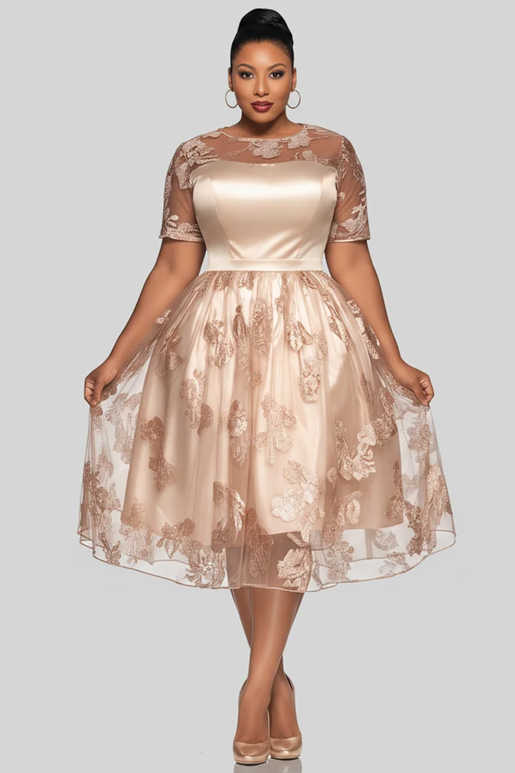 Xpluswear Design Plus Size Wedding Guest Champagne Round Neck Short Sleeve See Through Lace Midi Dresses [Pre-Order] 2024 - Xpluswear
