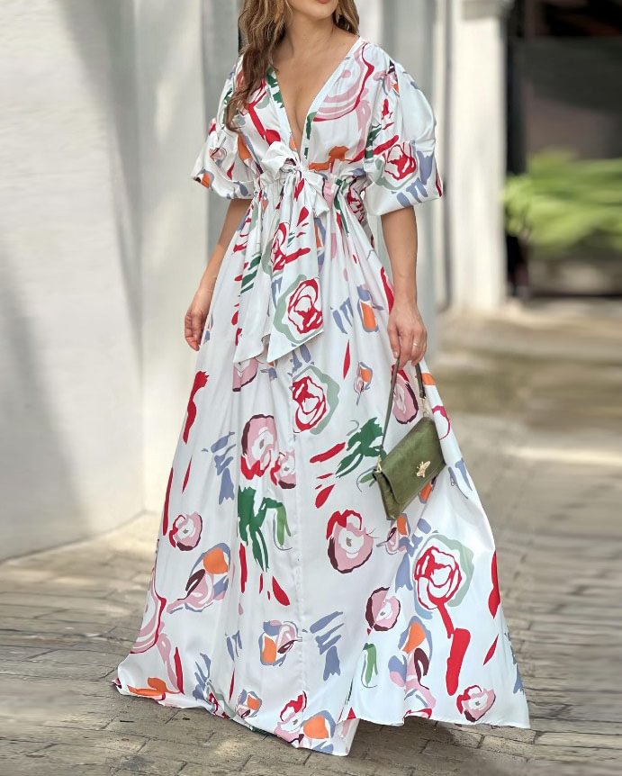 Puff Sleeve Tie Print Waist Dress