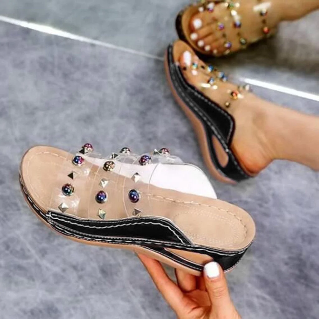 Womens Transparent Sandals Summer Beach Shoes Flip-Flops Open Toe Rhinestone Casual Beach Shoes Flats Bohemian Sandals
