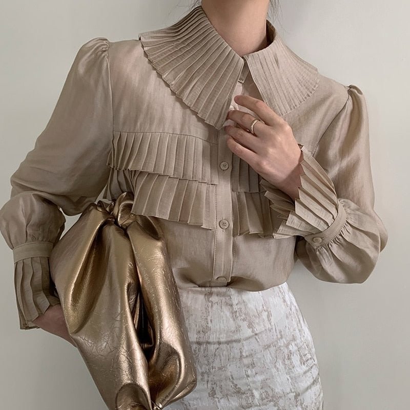 Spring New Stylish Transparent Pleated White Shirts Women Turn-down Collar Single-breasted Loose Female Blouse Tops Blusas 13078