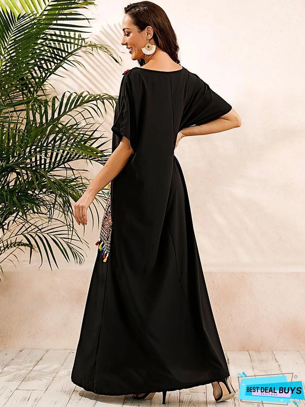 Women's Kaftan Dress Maxi Long Dress Short Sleeve Print Summer Plus Size Hot Casual Boho Vacation Dresses Black Dresses