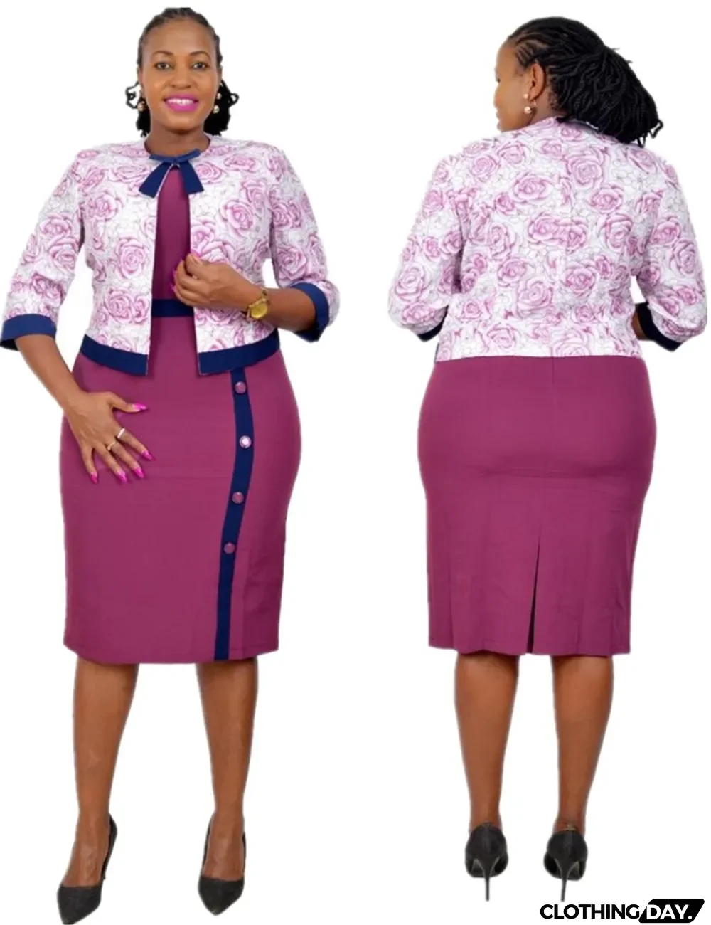 Autumn Plus Size Rose African Office Dress with Floral Jacket Set