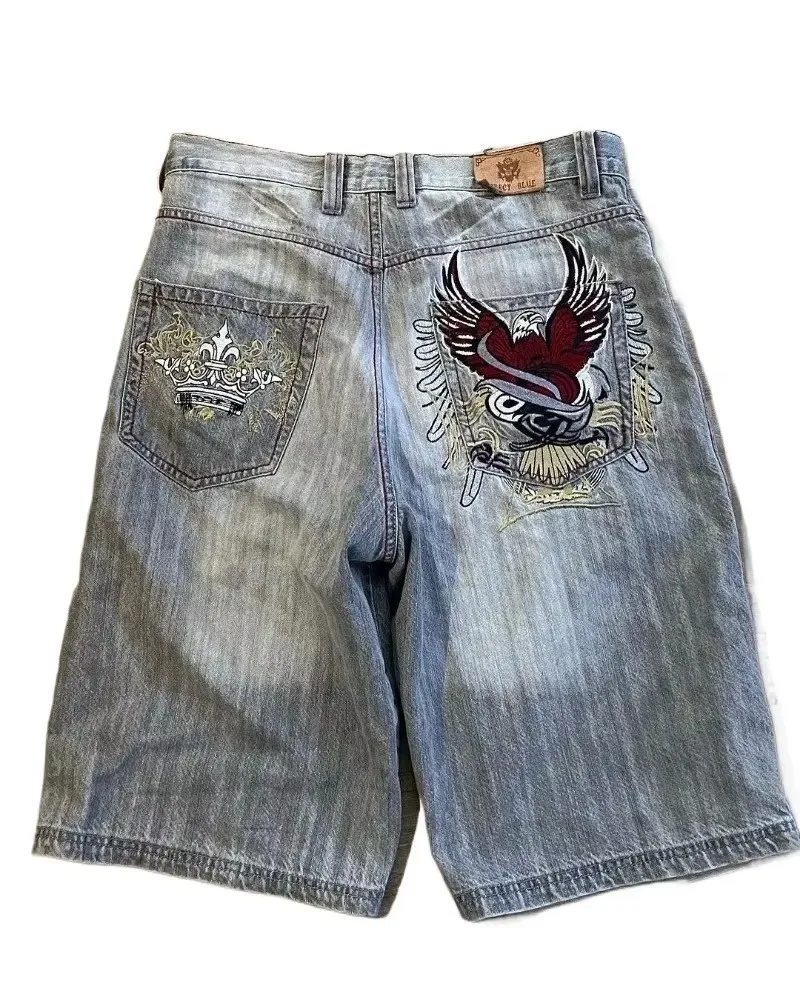 Multiplewell American Y2K New Fashion Trend Letters Embroidered Denim Shorts Men Street Hip Hop Retro Loose Jeans Couple Casual Denim Shorts