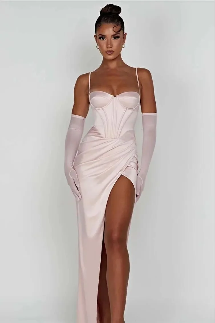 Miabel Shinning Blushing Pink Satin Spaghetti Strap Sleeveless Long Split Prom Dress with Gloves 
