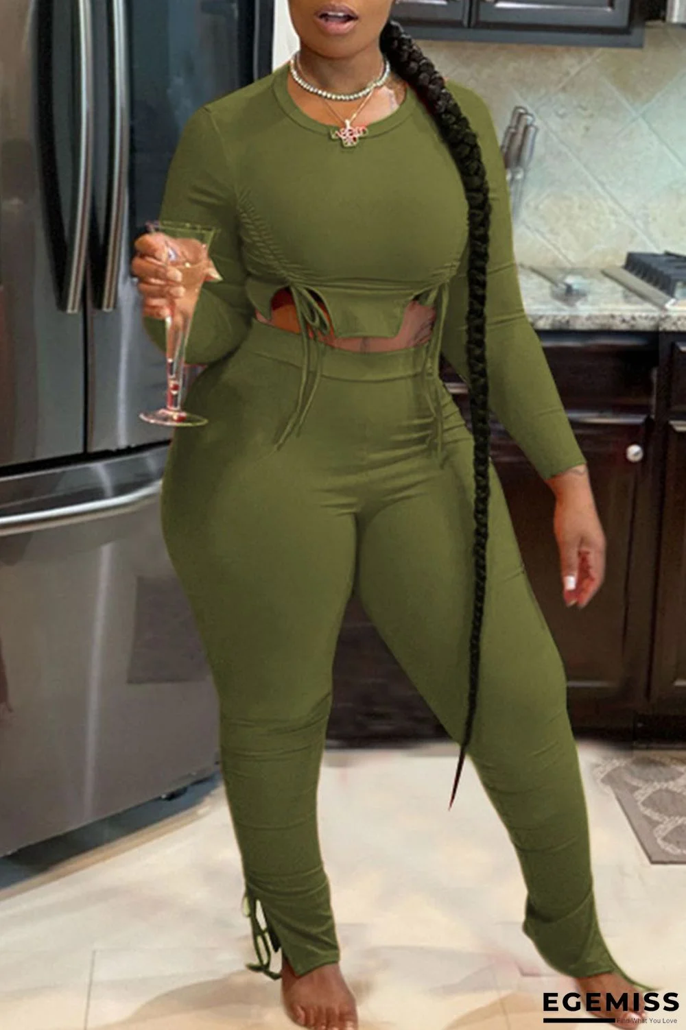 Army Green Casual Solid Patchwork Draw String Asymmetrical O Neck Long Sleeve Two Pieces | EGEMISS