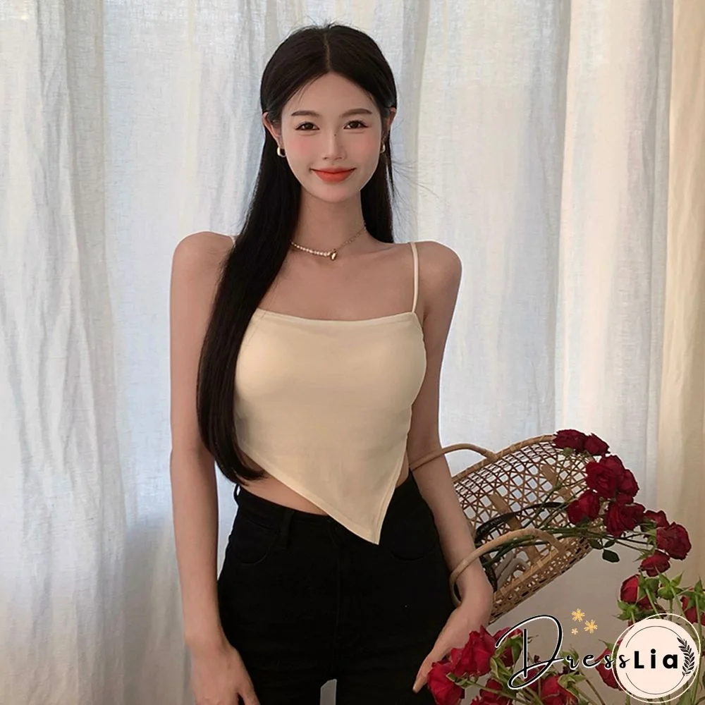 Women Camisole Korean Fashion Spaghetti Straps Irregular Hem Slim Fit Summer Elegant Lady Party Club Crop Tops
