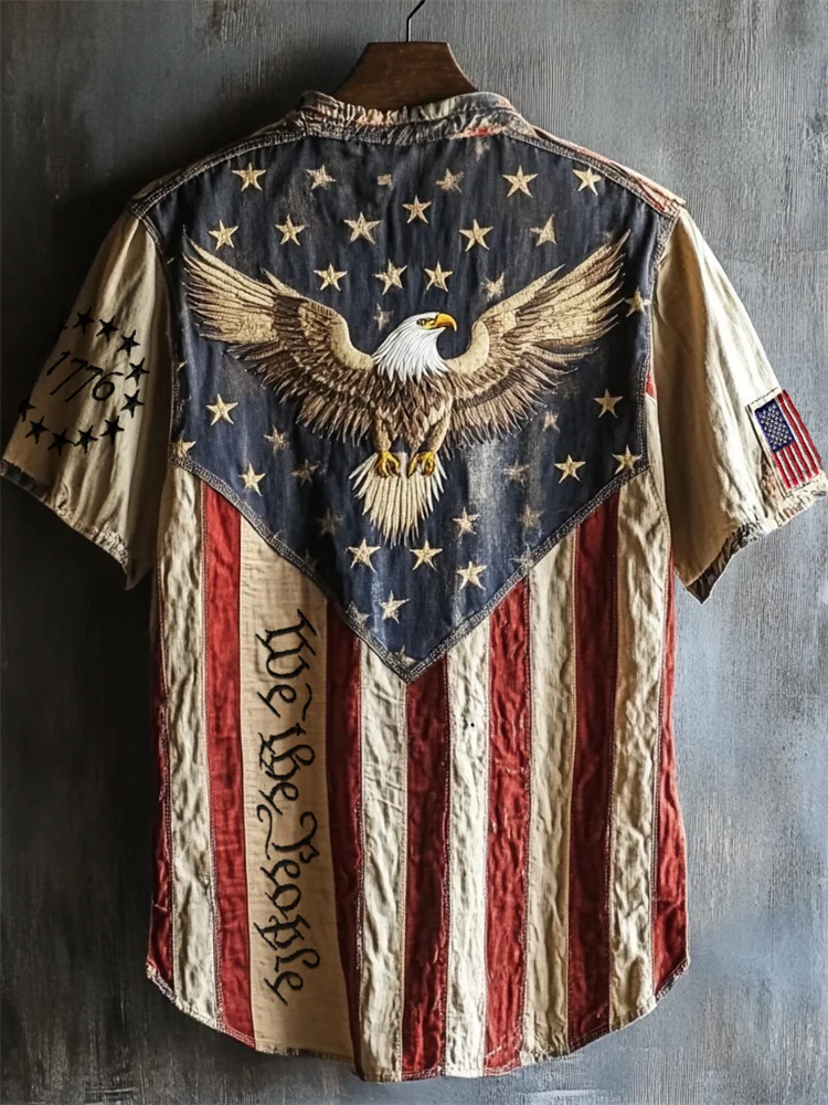 VChics Men's Independence Day Eagle Embroidered Flag Patchwork Linen Shirt
