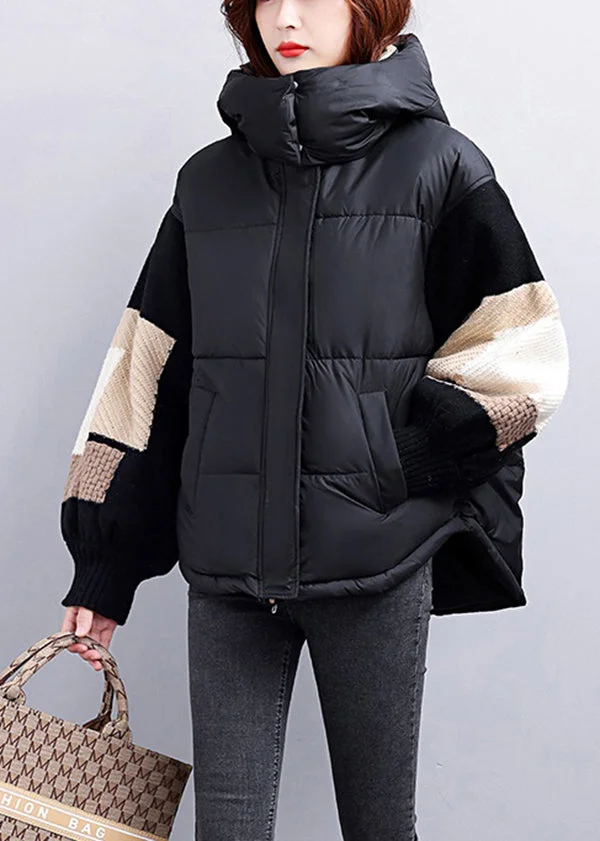 Modern Black Hooded Knit Patchwork Duck Down Jacket Winter