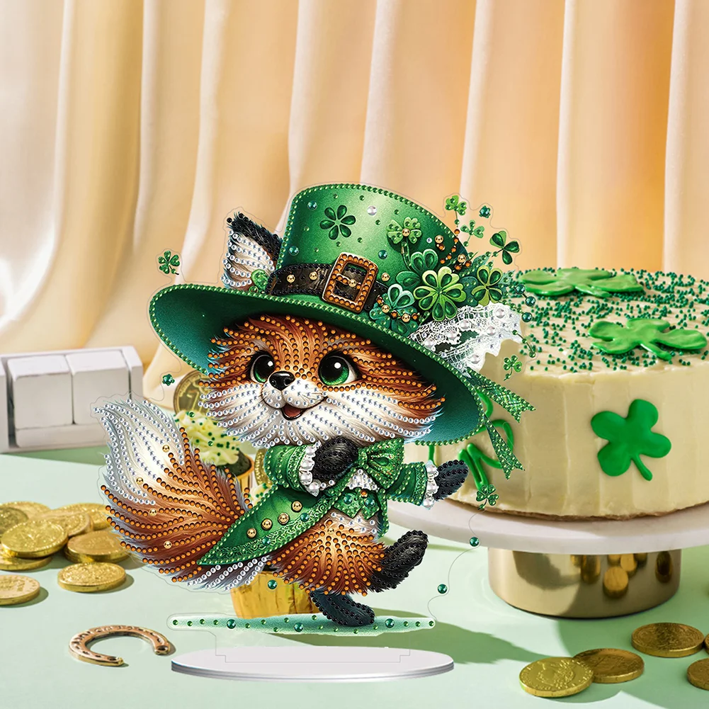 DIY Acrylic St. Patricks Day Fox Special Shape Diamond Painting Tabletop Ornament Creative Home Decor & Gift Idea for Adults - Relaxing Craft Activity