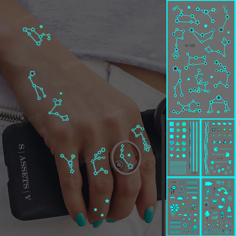 Sdrawing Luminous Tattoo Hand Finger Starry Star Universe for Kids Fake Tattoo Glowing In Dark Waterproof Temporary Tattoo Stickers