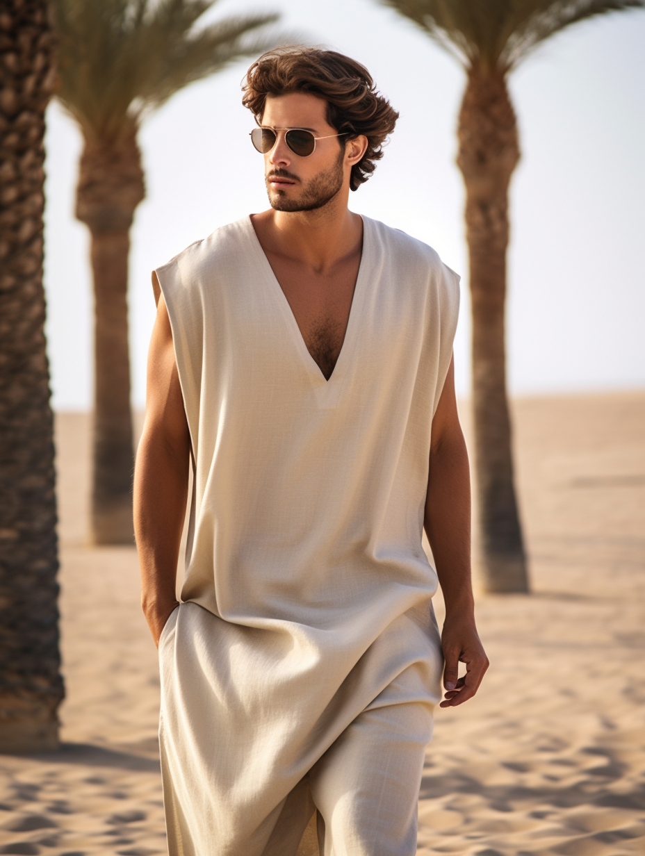 Men's White Color V-neck Linen Long Kaftan