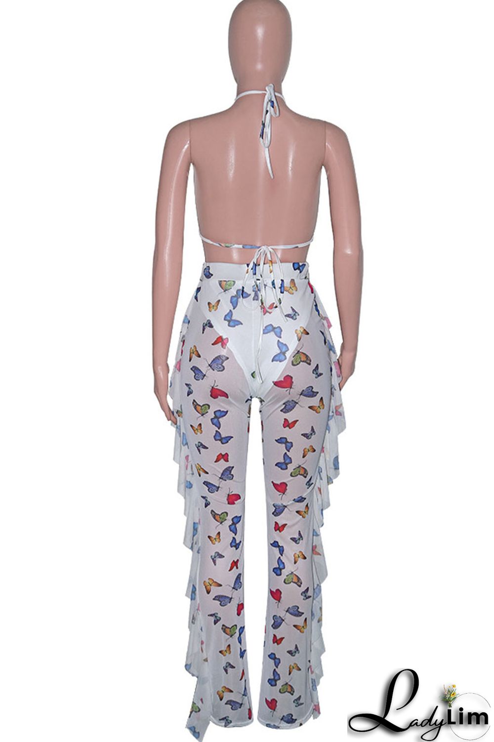 Pink Sexy Print Split Joint Flounce Halter Sleeveless Two Pieces