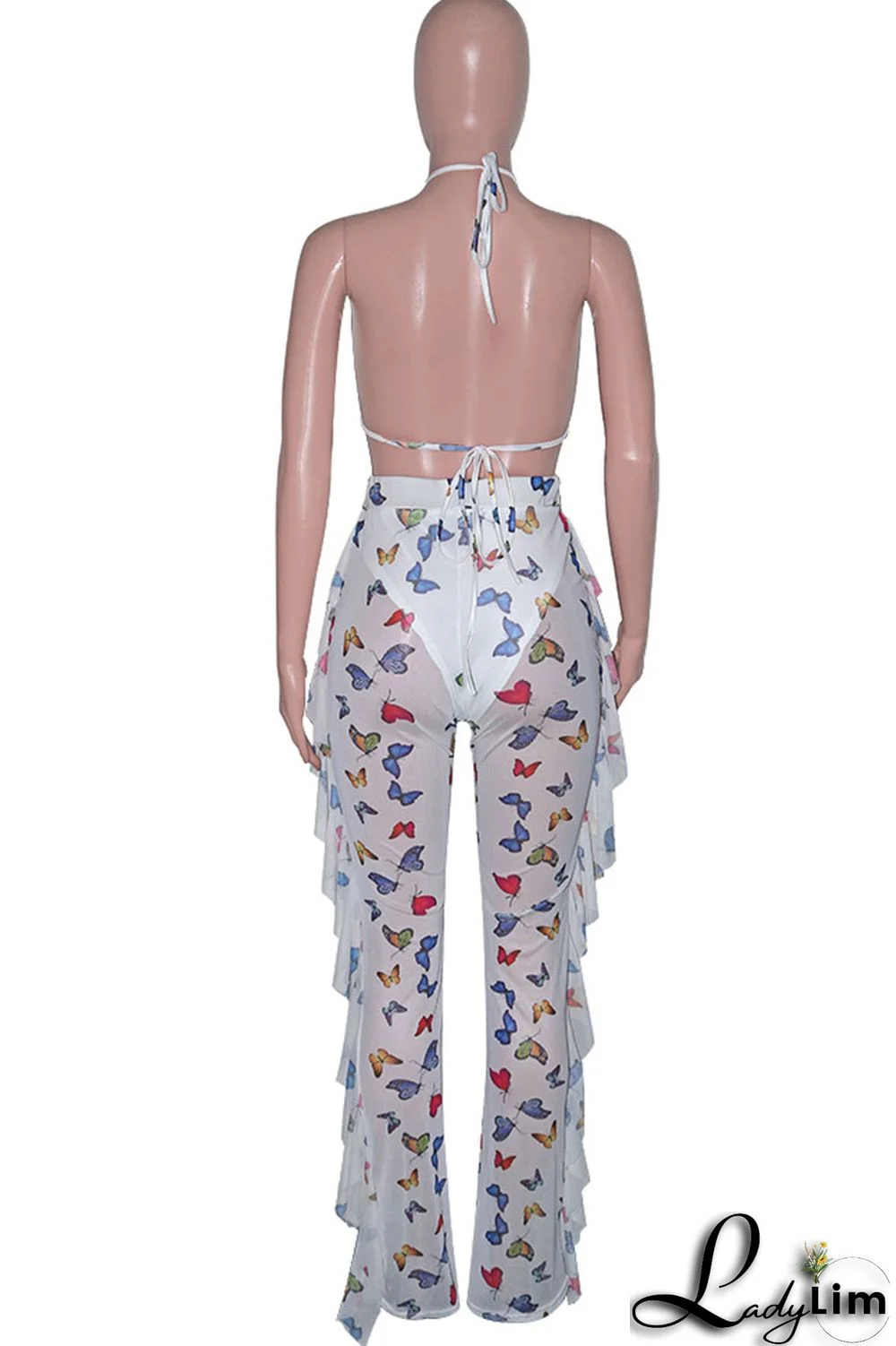 Pink Sexy Print Split Joint Flounce Halter Sleeveless Two Pieces