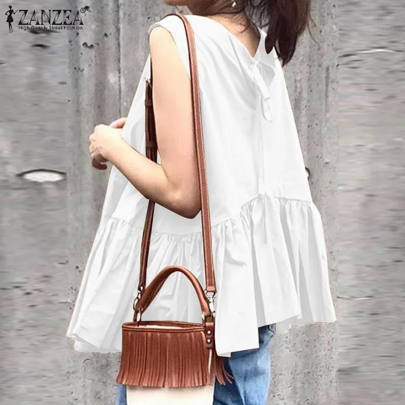 2022 ZANZEA Summer Fashion Sleeveless Blouse O Neck Ruffles Shirt Solid Baggy Vintage Tops Femme Blusa Lace Up Chemise