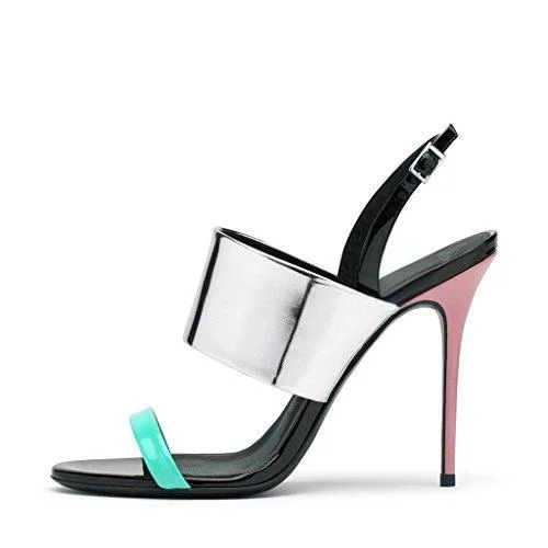 Cyan and Silver Mirror Leather Slingback Stiletto Heels Vdcoo