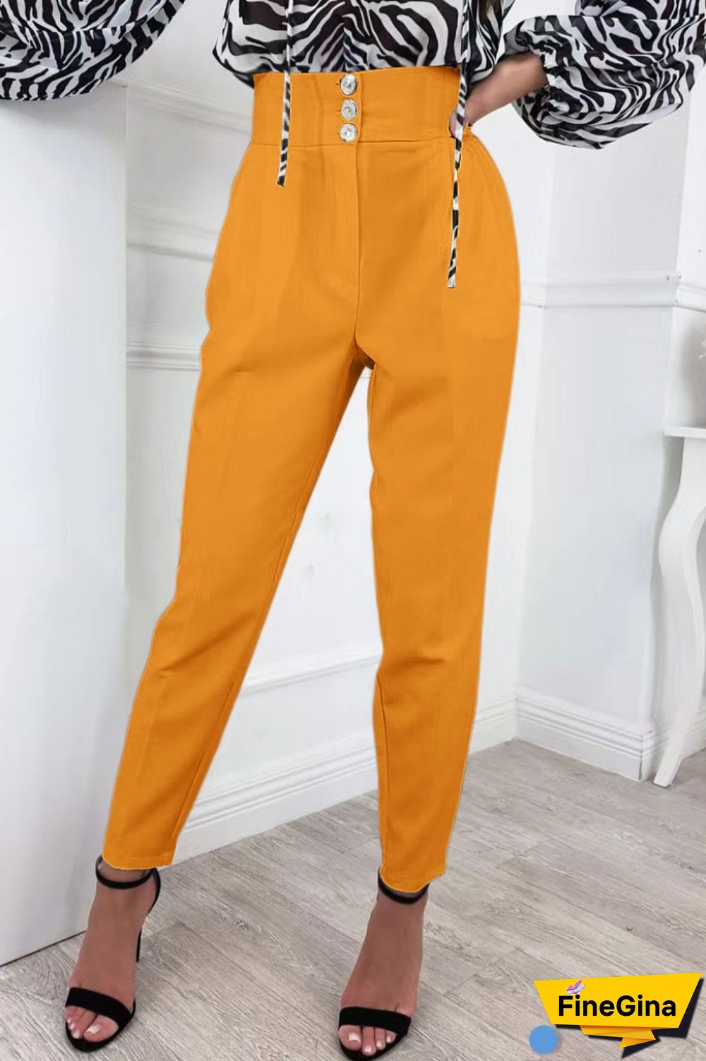 Black Casual Solid Buttons Regular High Waist Conventional Solid Color Trousers