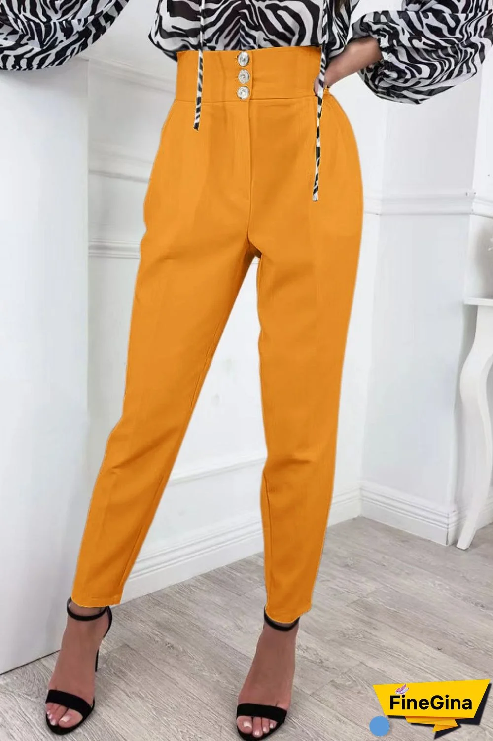 Black Casual Solid Buttons Regular High Waist Conventional Solid Color Trousers