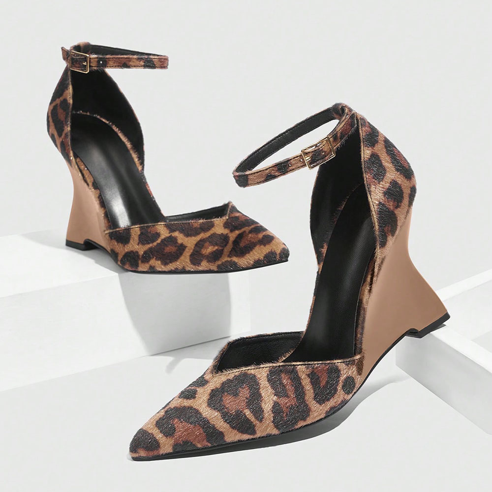 Pointed Toe Wedge Heel Cut Out Ankle Strap Brown Pumps for Women Nicepairs